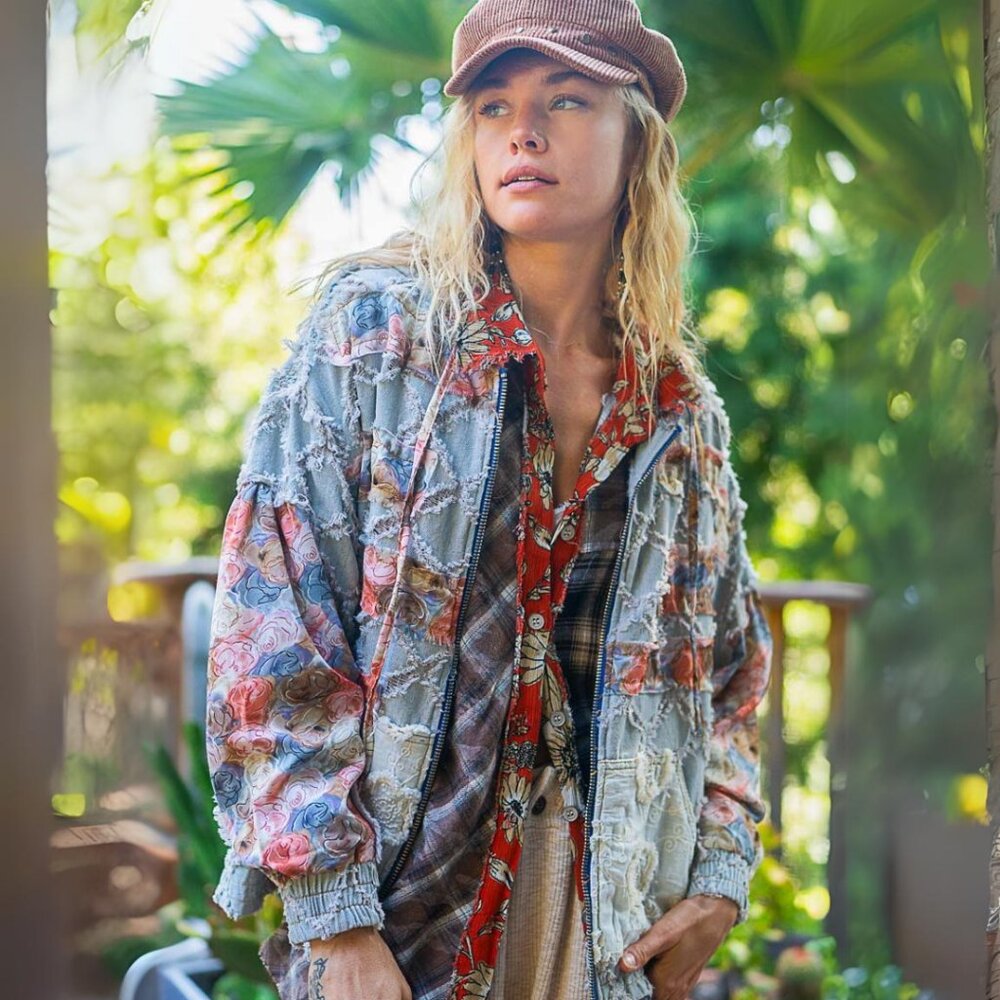 POL Vintage Washed Jacket with Mixed Patches in Denim Floral Multi NWT